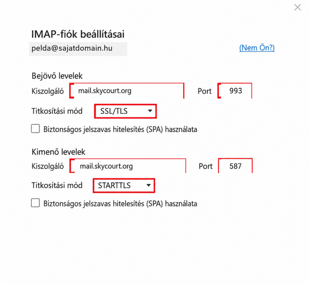 1. ábra – Outlook kézi IMAP adatablak kitöltött mezőkkel